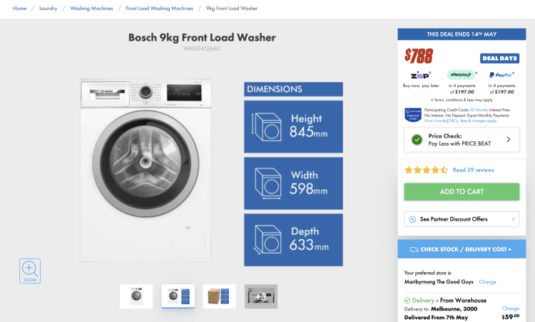 The Good Guys: Bosch 9kg Front Load Washer (WAN24126AU) – $778 with Price Beat